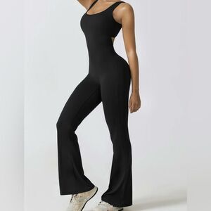 Black Sporty Ruched Cut-Out Flare Leg Jumpsuit, NWOT, Size Large